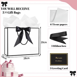 3Pcs Medium Gift Bags for Present 20 x 10 x 28 cm,Medium White Gift Bag with Handle 6 Wrappers Tissue Papers and 3 Cards,Bow Ribbon Birthday Party Bags for Bridesmaid Wedding Christmas Valentines