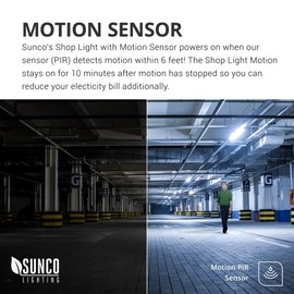 Sunco Lighting Motion Sensor 4ft LED Shop Light, Garage Lights Ceiling LED Plug in Fixtures, 40W, 5000K Daylight, Frosted, Motion Activated, Linkable Suspension Mount, ETL, Energy Star 4 Pack