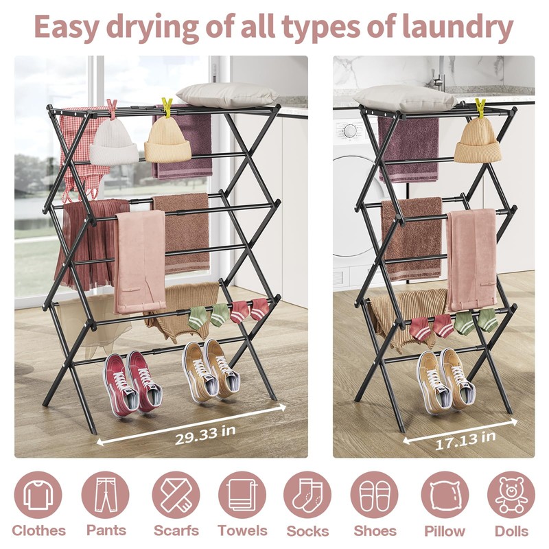 APEXCHASER Clothes Drying Rack, 3-Tier Laundry Drying Rack for Clothes,