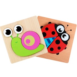 DELUXEFOX Wooden Puzzle, Set of 2, Shape Puzzle for Ages 3 and Up, Montessori Educational Toy, Shape Matching, Color Recognition, Color Sensation, Brain Training, Fingertip Training, Boys, Girls, Toy, Birthday Gift (Lady Bug + Snail)