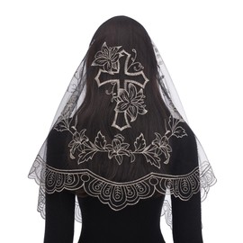 Bozidol Church Catholic Veils for Women, Black Gold Long D Shape Floral and Cross Embroidered Lace Mantilla Chapel Veil, Latin Mass Prayer Head Coverings with Clips