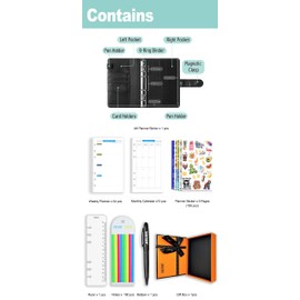 PU Leather Personal Notebook Planner with 67 Pages Planer Papers 6 Holes Ring Binder Pen Holder Magnetic Buckle (Black Faux Crocodile Texture, A6 Gift Box)