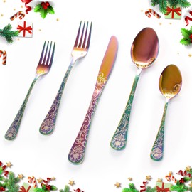 40 Pieces Stainless Steel Flatware Set for 8 People Knives Forks Spoons Set, Vintage Pattern Design, Mirror Polish and Dishwasher Safe (05-COLORFUL-SET 40)