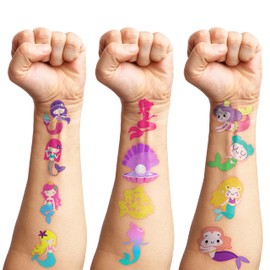 96 PCS Little Mermaid Temporary Tattoos Theme Happy Birthday Party Supplies Decorations Favors Decor Cute Under The Sea Tail Mermaids Tattoo Stickers Gifts for Kids Girls Boys Class Prizes Carnival