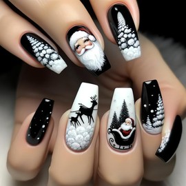 24 Pcs Christmas Press on Nails Long Coffin Fake Nails Black Glossy False Nails with Winter Santa Claus Snowflake Elk Design Xmas Acrylic Nails Full Cover Christmas Stick on Nails for DIY Nail Art