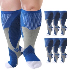 Cheeroyal 6 Pairs plus size compression socks wide calf for Men Women 20-30mmhg for Running Travel Flight Teachers Older Adult (6XL, Blue)