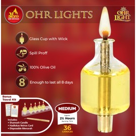 Ner Mitzvah Pre - Filled Menorah Oil Cup Candles, Hanukkah Ohr Lights, 100% Olive Oil with Cotton Wick in Glass Cup - Medium (Pack of 36) - Burns Approx, 2 1/2 Hrs