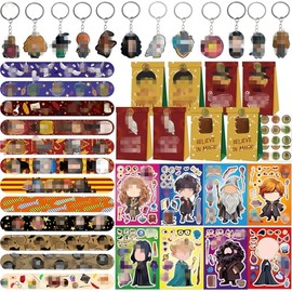 70 Pcs Party Bag Fillers, Wizard Party Bags Favours Magic 16 DIY Stickers 12 Key Rings 12 Slap Bands 12 Party Bags 18 Party Bag Stickers Birthday Supplies Decorations Theme Gifts for Girls Kids
