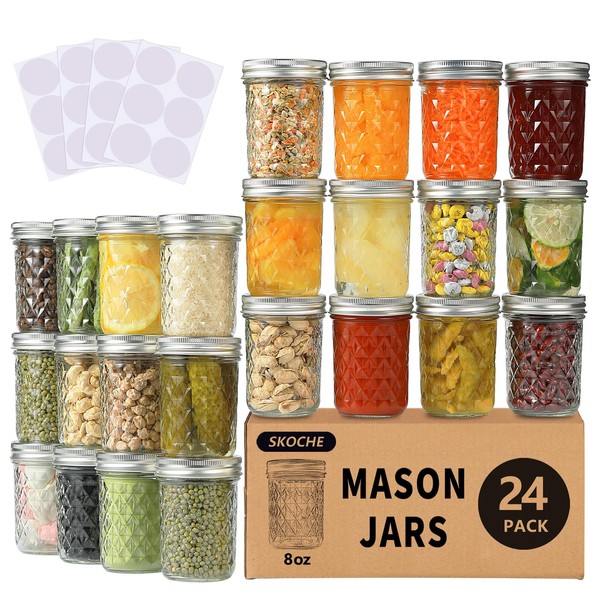 SKOCHE Mason Jars 8 oz 24 Pack Half Pint Canning