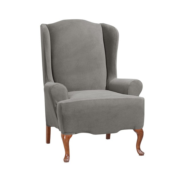 SureFit Stretch Morgan 1 Piece Wing Chair Slipcover in Gray