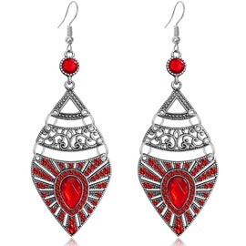 WUWEIJIAJIA Bohemian Style Retro Geometric Alloy Dangle Drop Earrings Ethnic Colored Rhinestone Hollow Dangle Drop Earrings (Red)