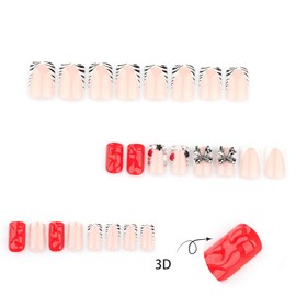 Square Press on Nails Short Fake Nails French Tip False Nails with 3D Silver Bow Charms Design Glue on Nails Zebra Stripes Acrylic Nails Glossy Full Cover Stick on Nails for Women Manicure 24Pcs