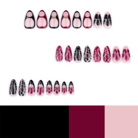 Fall Press on Nails Medium Almond Fake Nails with Tortoise Shell Designs Gel Glue on Nails Black Red Flower False Nails Glossy Full Cover Stick on Nail for Coquette Women 24Pcs