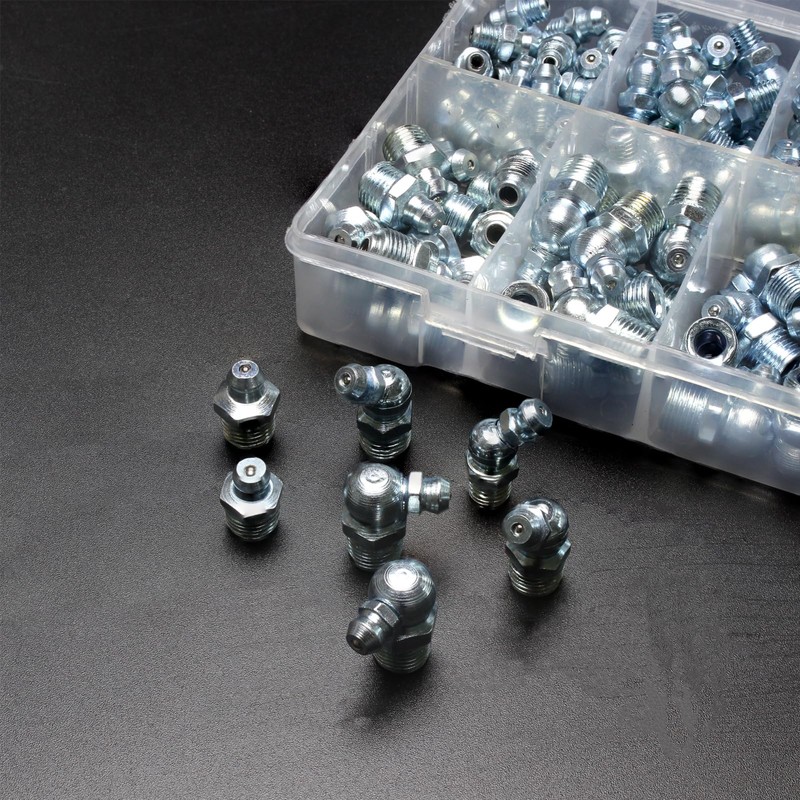 215-Piece SAE & Metric Grease Fitting Kit - M6/M8/M10, 1/4"-28,