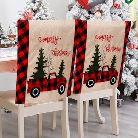Weldomcor Christmas Chair Covers Set of 4 Chair Protector Slipcovers Burlap Buffalo Plaid Car Tree Xmas Decoration Dining Chair Seat Covers for Kitchen Restaurant Holiday Party Decor
