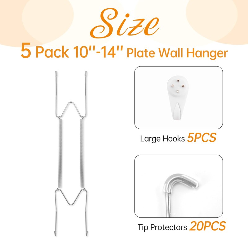 Plate Hangers for Wall for 10-14 inch, 5 Pack, Silver