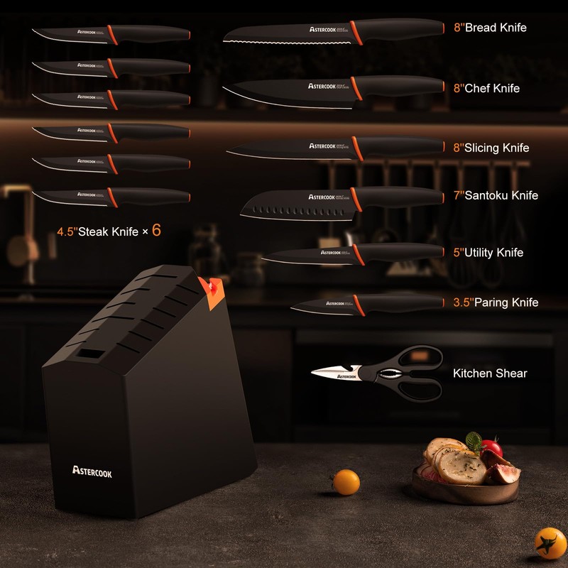 Knife Set, Astercook 15 Pcs Dishwasher Safe Kitchen Knife Set