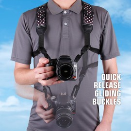 USA GEAR DSLR Camera Strap Chest Harness with Quick Release Buckles, Polka Dot Neoprene Pattern and Accessory Pockets - Compatible with Canon, Nikon, Sony Point and Shoot and Mirrorless Cameras
