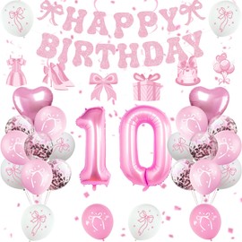 Miidenks Pink Bow 10th Birthday Decorations Girl Kit: Pink Bow Themed Happy Birthday Party Supplies with Banner, Balloons, Hanging Swirls