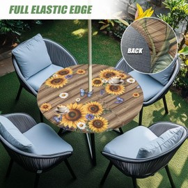 Drnuikhe Sunflower Wood Grain Print Round Tablecloth with Umbrella Hole and Zipper Wipeable Fitted Table Cover with Elastic Edge Waterproof Table Protector for Patio (fit for 45''-56'' table)