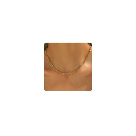 18K Gold Plated Double Layered Square Beaded Chain Choker Necklaces for Women Dainty Layering Thin Snake Chain Necklace Trendy Stainless Steel Jewelry