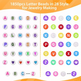 Blingfun 1850PCS Letter Beads for Bracelets，Doubles Colorful A-Z Letter Beads,，28 Styles Alphabet Beads for Bracelets Making,Heart Beads for Friendship Bracelet kit (Colors/Candy)