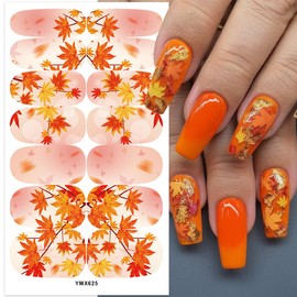 5 Sheets Fall Nail Polish Stickers Autumn Maple Leaves Nail Strips Sticker Self-Adhesive Yellow Maple Leaf Designs Thanksgiving Gel Nail Stickers DIY Full Wraps Sticker for Women Acrylic Nail Salon