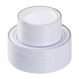 BESTVIP 100PCS Silver Plastic Plate, Disposable Party Plates with 50 Dinner Plates and 50 Dessert Plates, Plastic Plates for Party, Wedding and Birthday