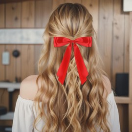 Giantree 2Pcs Hair Bow Clips for Women, Red Bows for Girls, Red Hair Bow Hair Bows Hair Clip Coquette, Red Satin Bows Hair Ribbon Hair Bows With Long Tail, Vintage Ponytail Holder Accessories(Style A)