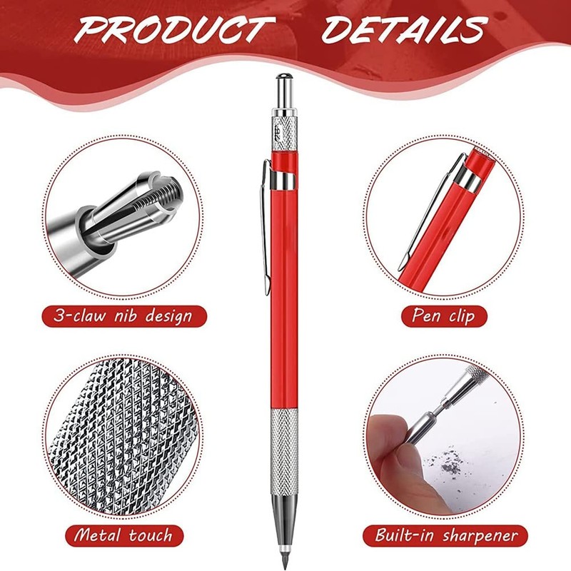 Welders Pencil, Mechanical Metal Marker Silver Pen with Built-in Sharpener