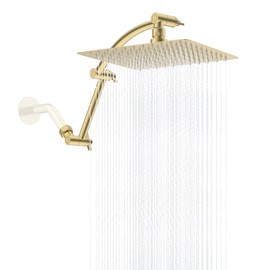 Hibbent All Metal Rain Shower Head, 10'' High Pressure Rainfall Square Showerhead with 16" Shower Extension Arm, Solid Brass Adjustable Shower Arm Extender, Waterfall fixed Showerheads, Brushed Gold