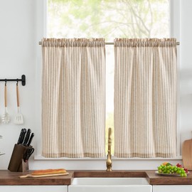 TOPICK Striped Panel Curtains, Linen Curtains with Stripes, Kitchen Curtain, Opaque, Short Kitchen Curtains for Kitchen, Dining Room, Bathroom, Small Window, 65 W x 115 H (cm) Brown on Beige