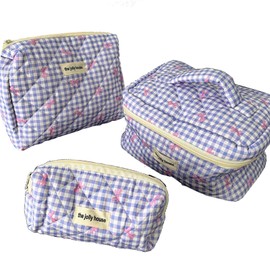 Caliee Makeup Bag Set 3 PCS Large Floral Cosmetic Bag for Women Checkered Toiletry Bag Small Makeup Pouch Large Makeup Bag With Lid Purple Bow Pattern Toiletry bag for Women