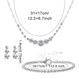 OJIOUI Silver Jewelry Set for Women, Rhinestone Crystal Necklace and Earrings, Link Bracelet, Bride Wedding Jewelry Set, Bride Ball Clothes Accessories