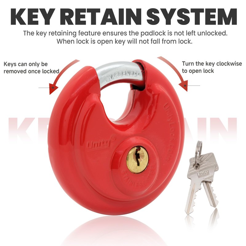 Unity Red Keyed Padlock 2 3/4'' (70mm), Stainless Steel Disc