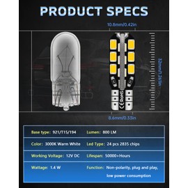 JEFLYM C921 921 912 LED RV Bulbs,Super Bright Warm White T10 194 168 175 3014 42-SMD LED Replacement 12 Volt RV Camper Trailer Boat Trunk Interior Dome Map License Lights(12PCS)