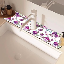 Watercolor Purple Flowers Faucet Absorbing Mat Splash Guard Draining Mat Fast Drying Sink Protectors for Kitchen and Bathroom 5.5"24"