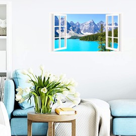 Landscape Wall Sticker Decor 3D Forest Lake Fake Window Wall Sticker Mountain Scenery Wall Sticker Peel and Stick Wallpaper Removable Faux Window Wall Mural Decal for Bedroom Living Room