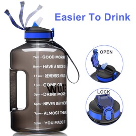 ETDW Half Gallon Water Bottle with Time Marker and Straw, 74oz BPA Free Water Bottle with Handle Leak Proof Water Container Pop Up Open Black
