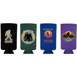 Bigfoot Funny Slim Can Coolie Designs 4 Pack