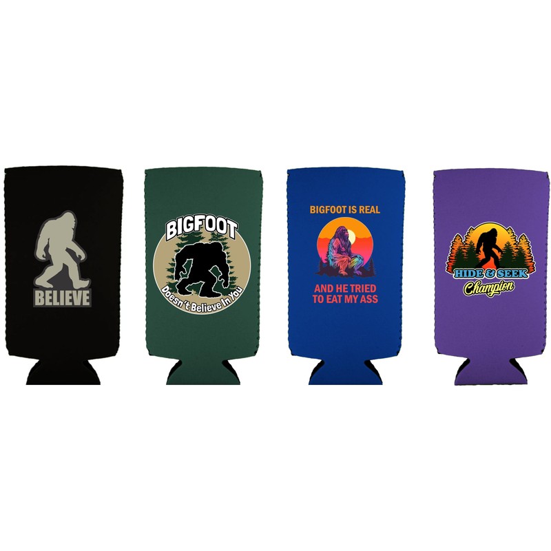 Bigfoot Funny Slim Can Coolie Designs 4 Pack