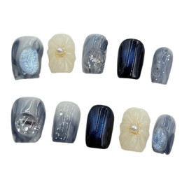 LOHAS Home Handcrafted Treasure Blue Gradient Icy Transparent Wearable Nails Reusable Short Square Press-on Nails, Marble Starry Sky