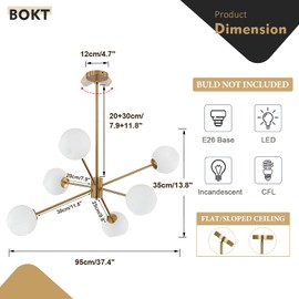 BOKT 6 Lights Modern Sputnik Chandeliers Globe Sputnik Light Fixture Farmhouse Milk Glass Pendant Lights Kitchen Island Gold and White Sputnik Hanging Light Vintage Brushed Brass Ball Chandelier