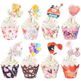 48 envoltorios y adornos para cupcakes de San Valentín, diseño de corazón y palillos de cupcakes, accesorios para fiestas, decoración de San Valentín, decoración de mesa, cumpleaños de niños