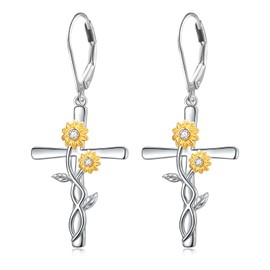 Sunflower Cross Earrings for Women 925 Sterling Silver Sunflower Dangle Earrings Sunshine Cross Dangle Drop Religious Jewelry for Women