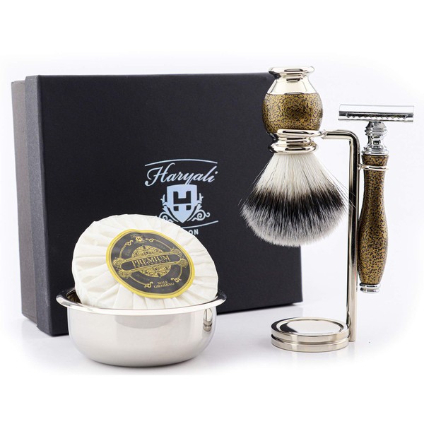Classic 5 Piece Men's Shaving Set - Golden Antique Look with DE Safety Razor with Synthetic Badger Hair, Stainless Steel Stand, Bowl and Soap