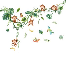 LOONELO Monkey Climbing Tree Wall Decals – Jungle Safari Animal Wall Stickers with Cartoon Monkeys, Parrot, Birds & Vine Leaves – Peel & Stick Vinyl Murals for Nursery Bedroom Living Room Decor