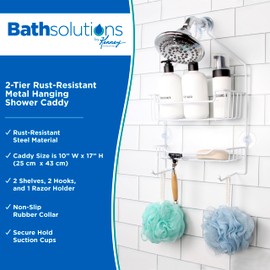 Kenney KN614121 Over the Shower Head 17" L x 10" W x 4" D Rust-Resistant Metal Wire Small 2-Shelf Hanging Caddy with Suction Cups and Razor Holders for Bathroom Shower, White
