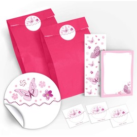 12 Gift Bags / Pink + 12 Stickers + 12 Bookmarks + 12 Mini Notepads Butterflies / Party Bags Guest Gift for Children Girls Children's Birthday Party Accessories Giveaways