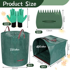 68-Inch Leaf Rake for Lawns with 72 Gallon Reusable Yard Waste Bags Set, Expandable Metal Collapsible Rakes Trash Can Dustpan Type Bags Leaf Scoop Hand Rake Gardening Tools for Shrub Grass Bush Weed